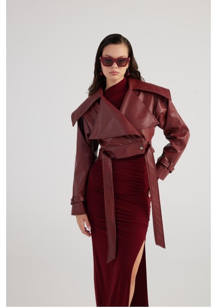 Crop Model Astarlı Kemerli Neeko Deri Ceket Bordo