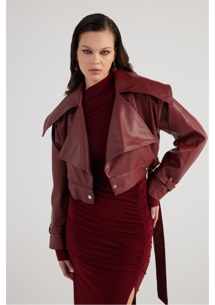 Crop Model Astarlı Kemerli Neeko Deri Ceket Bordo modelleri