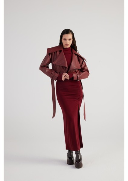 Crop Model Astarlı Kemerli Neeko Deri Ceket Bordo