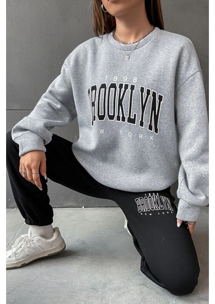 Brooklyn Gri Jogger Siyah Sweatshirt Alt Üst Eşofman Takımı Oversize Bisiklet Yaka modelleri