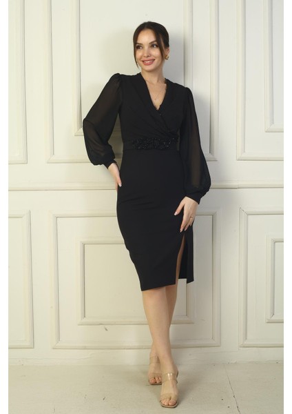 Kadın Boncuklu Kruvaze Yaka Astarlı Beli Kemerli Şifon Kollu Midi Elbise fiyatları