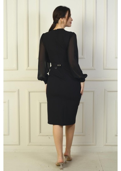 Kadın Boncuklu Kruvaze Yaka Astarlı Beli Kemerli Şifon Kollu Midi Elbise fırsatları