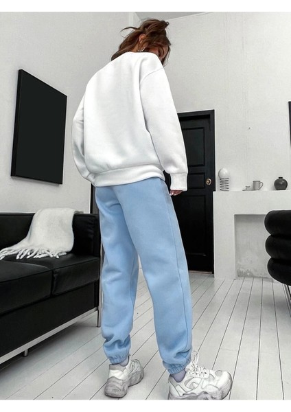 Brooklyn Mavi Jogger Beyaz Sweatshirt Alt Üst Eşofman Takımı Oversize Bisiklet Yaka fırsatları