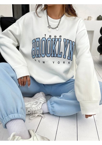 Brooklyn Mavi Jogger Beyaz Sweatshirt Alt Üst Eşofman Takımı Oversize Bisiklet Yaka indirimleri