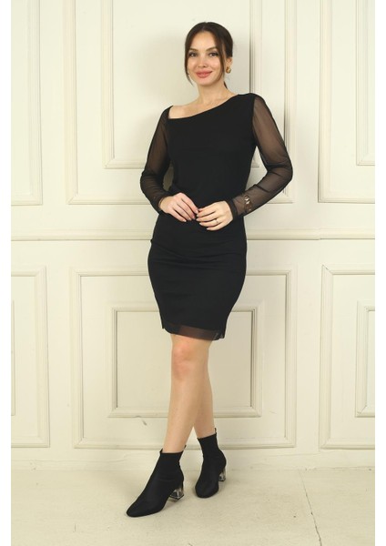 Kadın Asimetrik Yaka Astarlı Kısa Tül Elbise modelleri