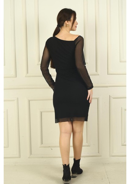 Kadın Asimetrik Yaka Astarlı Kısa Tül Elbise fırsatları