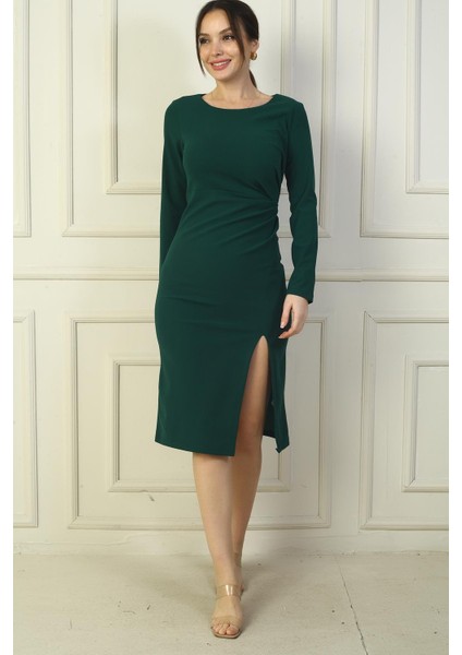 Kadın Yanı Pile Detaylı Krep Midi Elbise fiyatları