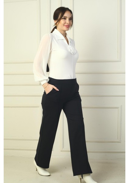 Kadın Beli Lastikli Yandan Cepli Çımalı Bol Paça Çelik Pantolon