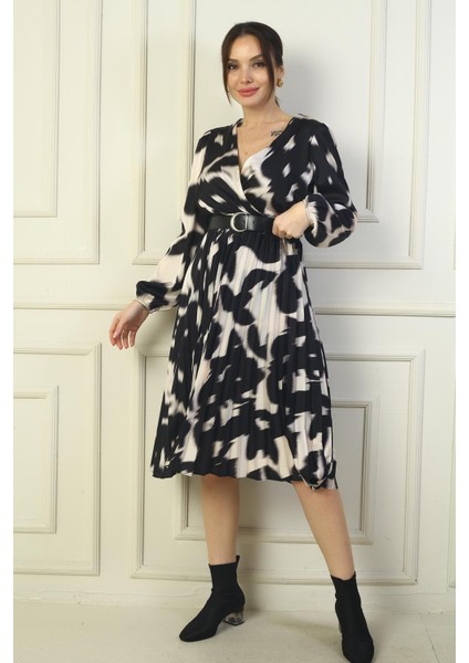 Kadın Kruvaze Yaka Astarlı Beli Kemerli Piliseli Desenli Midi Saten Elbise fiyatları