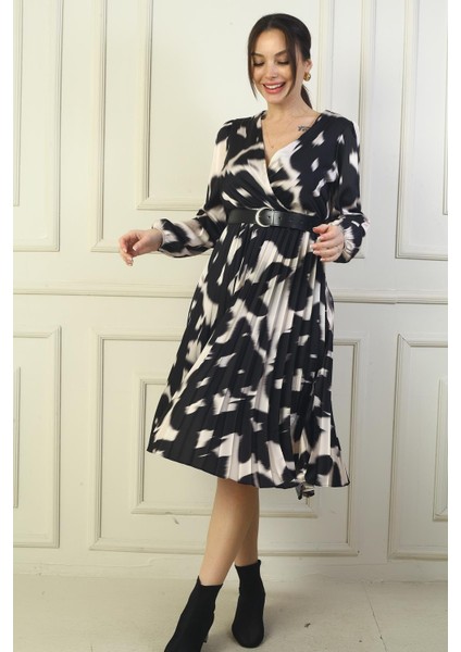 Kadın Kruvaze Yaka Astarlı Beli Kemerli Piliseli Desenli Midi Saten Elbise modelleri