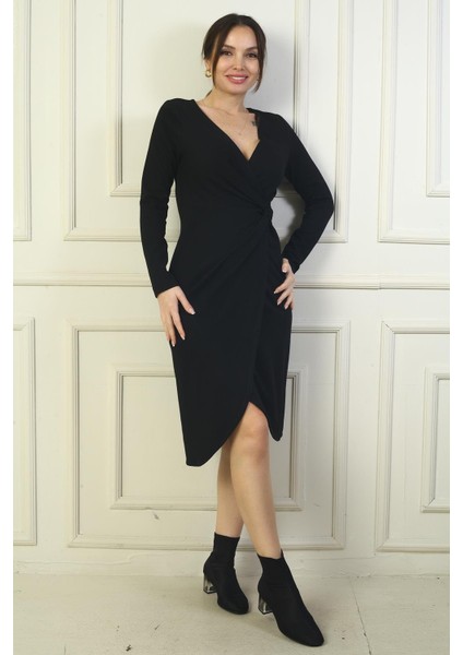 Kadın Kruvaze Yaka Yanı Düğümlü Midi Elbise