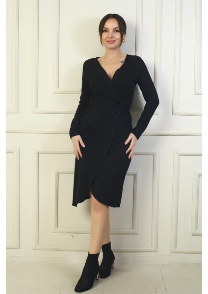 Kadın Kruvaze Yaka Yanı Düğümlü Midi Elbise modelleri