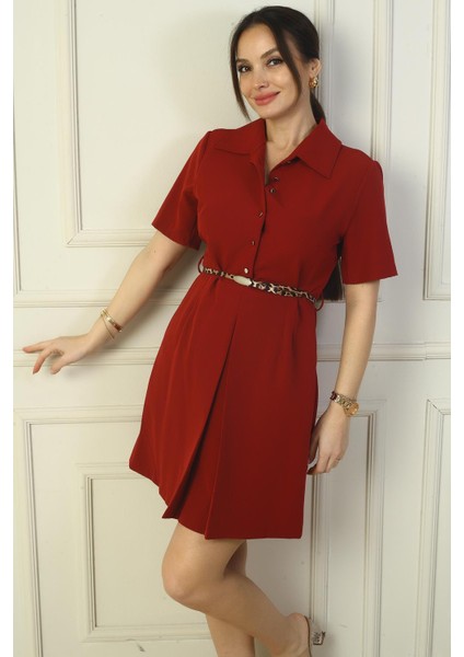 Önü Düğmeli Kısa Kol Kemerli A Pile Elbise