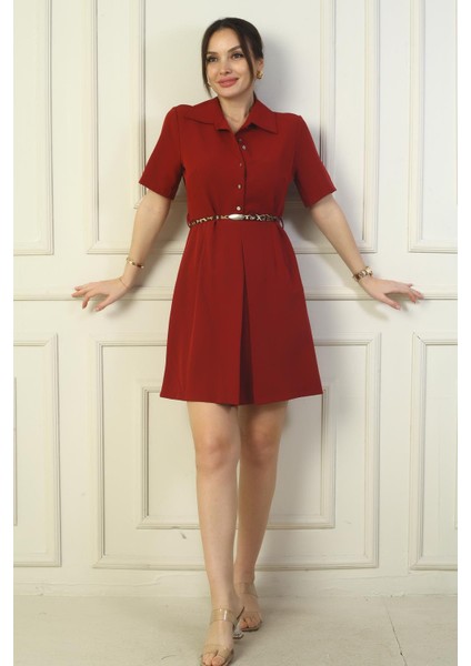 Önü Düğmeli Kısa Kol Kemerli A Pile Elbise fiyatları