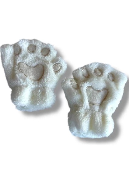 Kız Erkek Çocuk Parmaksız Patili Ekru Krem Peluş Eldiven
