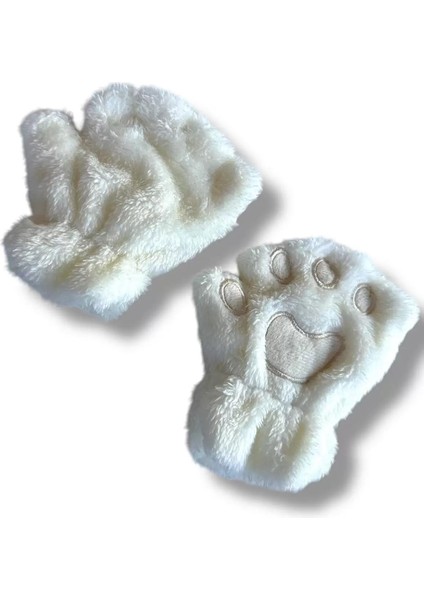 Kız Erkek Çocuk Parmaksız Patili Ekru Krem Peluş Eldiven