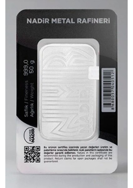 Uluslararası Sertifikalı 4 Adet 50 gr Külçe Gümüş 999 Ayar