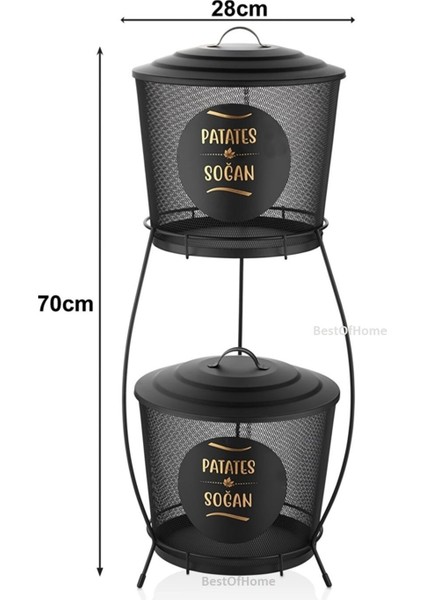 Lüx Ferforje İki Katlı Metal Patates Ve Soğan Saklama Kovası Fileli Siyah