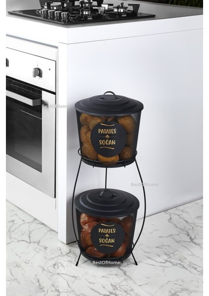 Lüx Ferforje İki Katlı Metal Patates Ve Soğan Saklama Kovası Fileli Siyah fiyatları