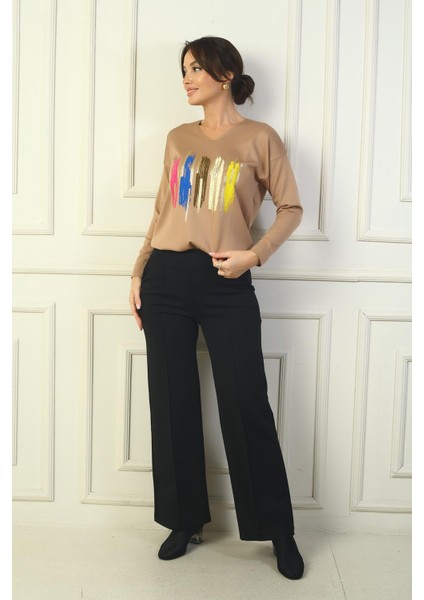 Kadın Beli Lastikli Yandan Cepli Çımalı Bol Paça Çelik Pantolon