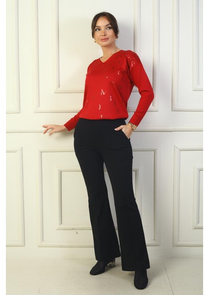 Kadın Beli Lastikli Yandan Cepli Ispanyol Paça Çımalı Çelik Pantolon