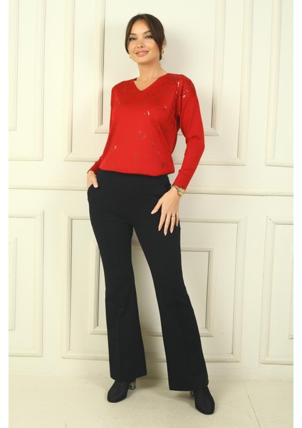 Kadın Beli Lastikli Yandan Cepli Ispanyol Paça Çımalı Çelik Pantolon fiyatları