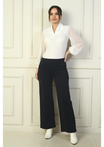 Kadın Beli Lastikli Yandan Cepli Çımalı Bol Paça Çelik Pantolon