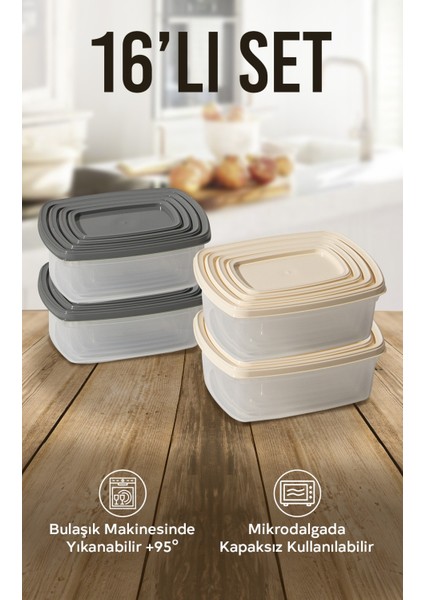 16'lı Set Çok Amaçlı Saklama Kabı Difriz ve Mikrodalga Uyumlu Easy Box 4X1220 4X750 4X430 4X225 ml