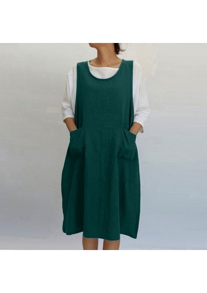 Yeşil Stil S Beden Mutfak Önlüğü Pamuk Tunik Elbise Rahat Kolsuz Diz Boyu Cep Detaylı Japon Tarzı Önlük (Yurt Dışından)