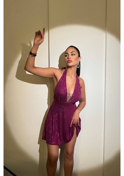 Kadın Mor Halter Yaka Payet Elbise NBDF046
