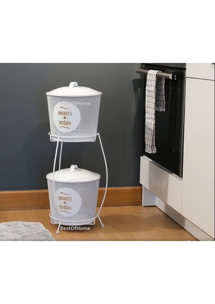 Lüx Ferforje İki Katlı Metal Patates Ve Soğan Saklama Kovası Fileli Beyaz