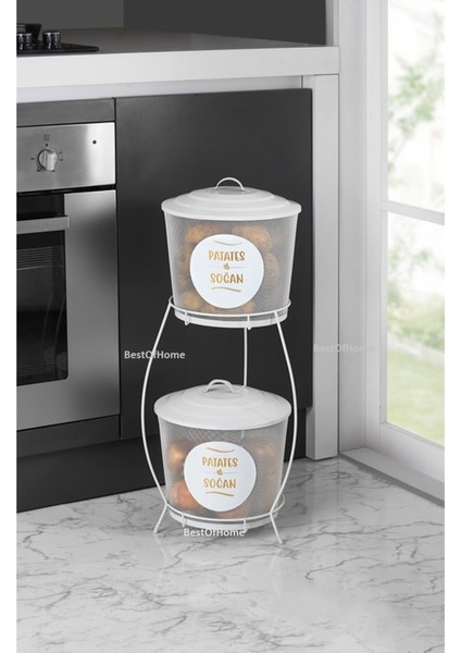 Lüx Ferforje İki Katlı Metal Patates Ve Soğan Saklama Kovası Fileli Beyaz fiyatları