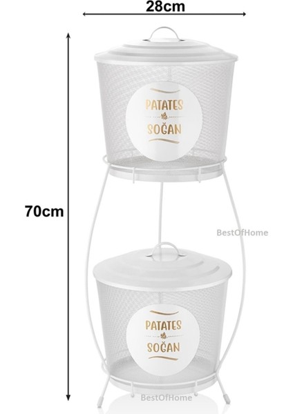Lüx Ferforje İki Katlı Metal Patates Ve Soğan Saklama Kovası Fileli Beyaz modelleri