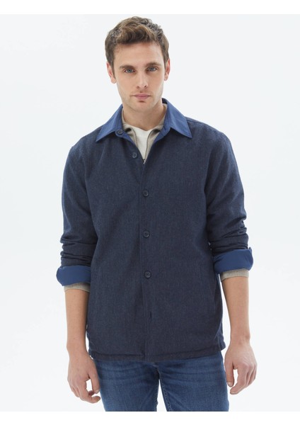 Lacivert Regular Fit Gömlek Yaka Casual Dokuma Mont