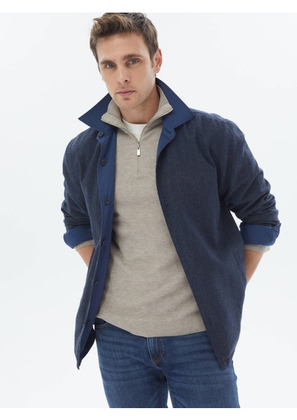 Lacivert Regular Fit Gömlek Yaka Casual Dokuma Mont modelleri