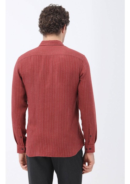 Kiremit Çizgili Regular Fit Dokuma Casual Gömlek