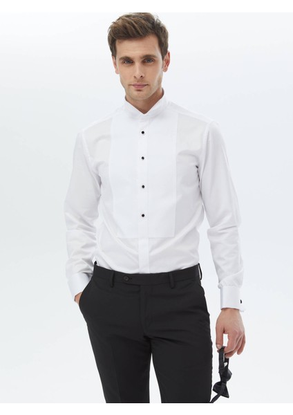 Beyaz Düz Slim Fit Duble Manşet Ata Yaka Smokin Gömlek