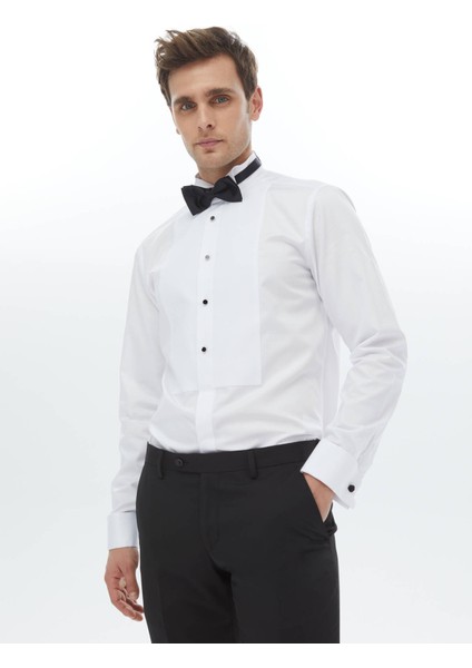 Beyaz Düz Slim Fit Duble Manşet Ata Yaka Smokin Gömlek modelleri