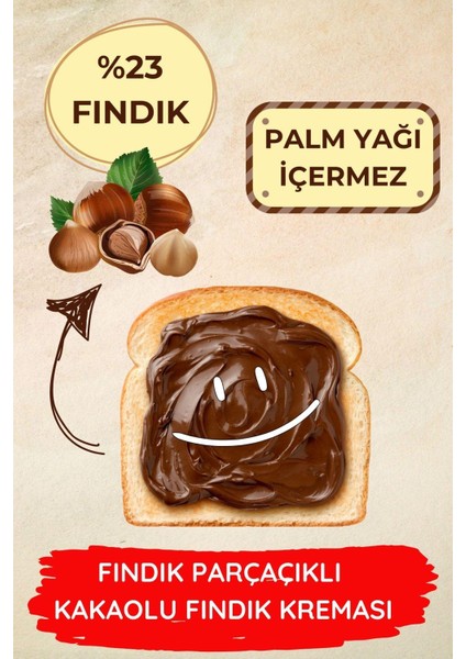 Fındık Parçacıklı Kakaolu Fındık Kreması (%23 Fındık) 800 G x 2 Adet Sürülebilir Çikolata Palm Yağı Içermez