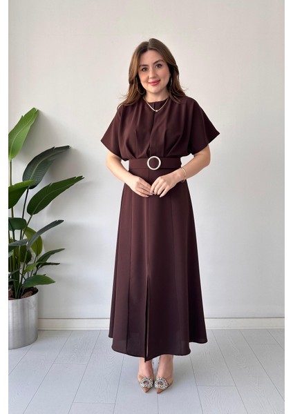 Kemerli Tasarım Elbise Kahve