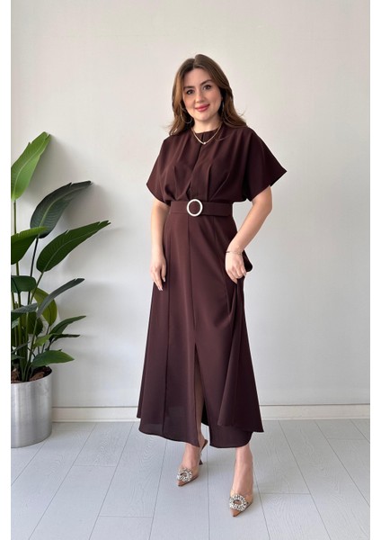 Kemerli Tasarım Elbise Kahve