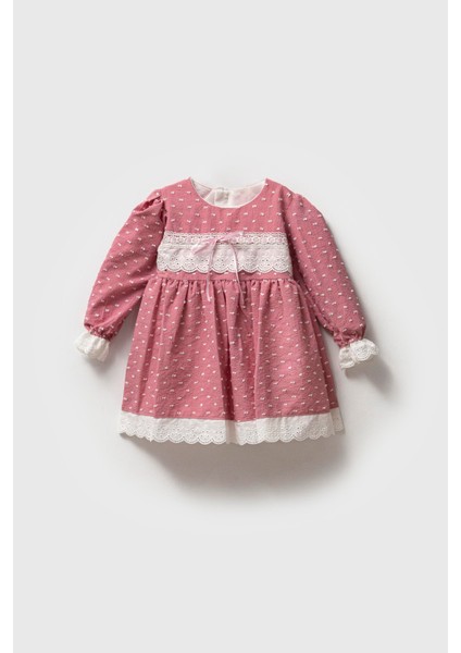 Fiyonk Desenli Pamuklu Astarlı Dantelli Elbise Kız Çocuk