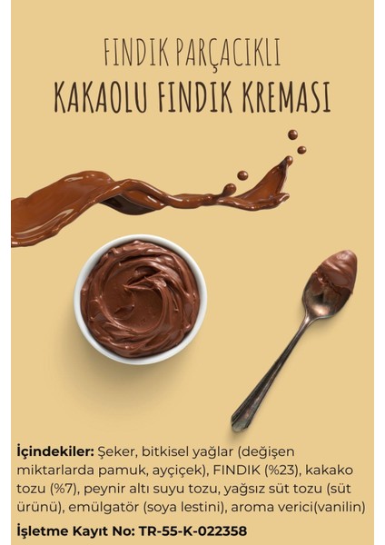Fındık Parçacıklı Kakaolu Fındık Kreması (%23 Fındık) 800 G x 3 Adet Sürülebilir Çikolata Palm Yağı Içermez