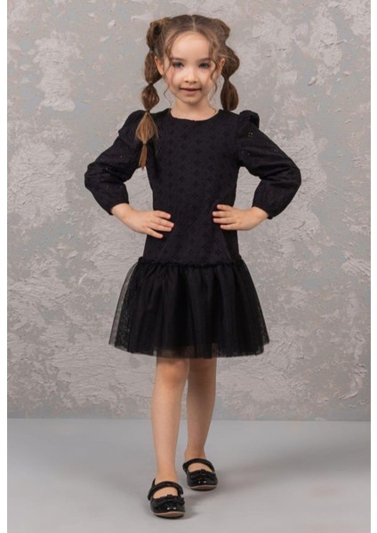 Kız Çocuk Pamuklu Güpürlü Tül Etekli Elbise