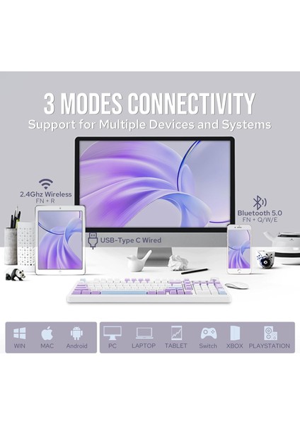 Ajazz AK980 Mor/Gift Switch, Ekranlı Mekanik Klavye RGB, Tam Boy Hot-Swap 3 Modlu 8000 Mah Batarya Oyun Klavyesi, Bluetooth /2.4g Kablosuz/Type-C Kablolu