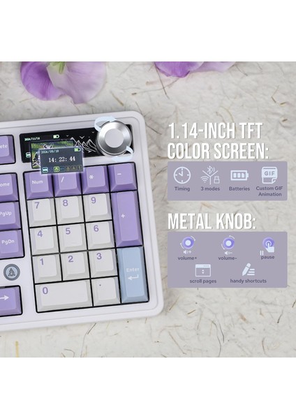 Ajazz AK980 Mor/Gift Switch, Ekranlı Mekanik Klavye RGB, Tam Boy Hot-Swap 3 Modlu 8000 Mah Batarya Oyun Klavyesi, Bluetooth /2.4g Kablosuz/Type-C Kablolu