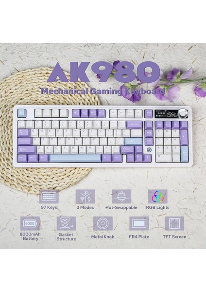 Ajazz AK980 Mor/Gift Switch, Ekranlı Mekanik Klavye RGB, Tam Boy Hot-Swap 3 Modlu 8000 Mah Batarya Oyun Klavyesi, Bluetooth /2.4g Kablosuz/Type-C Kablolu