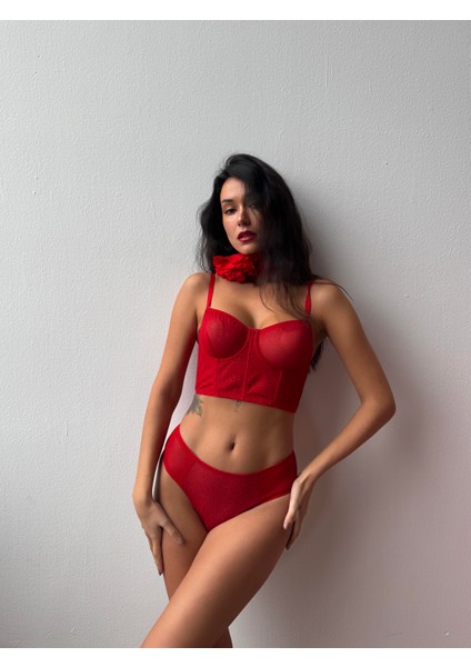 Kapsız Simli Kırmızı Bustiyer Takım (694TK)