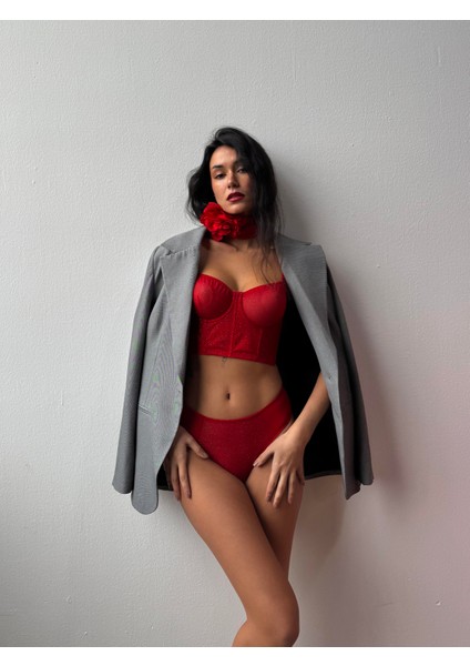 Kapsız Simli Kırmızı Bustiyer Takım (694TK) fiyatları