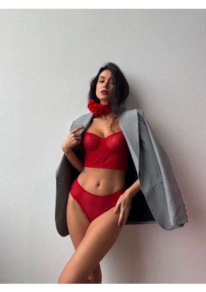 Kapsız Simli Kırmızı Bustiyer Takım (694TK) indirimleri